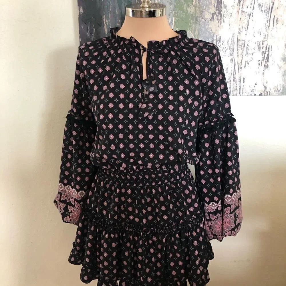 Misa Los Angeles Black/Pink Peasant Ruffled Mini Dress